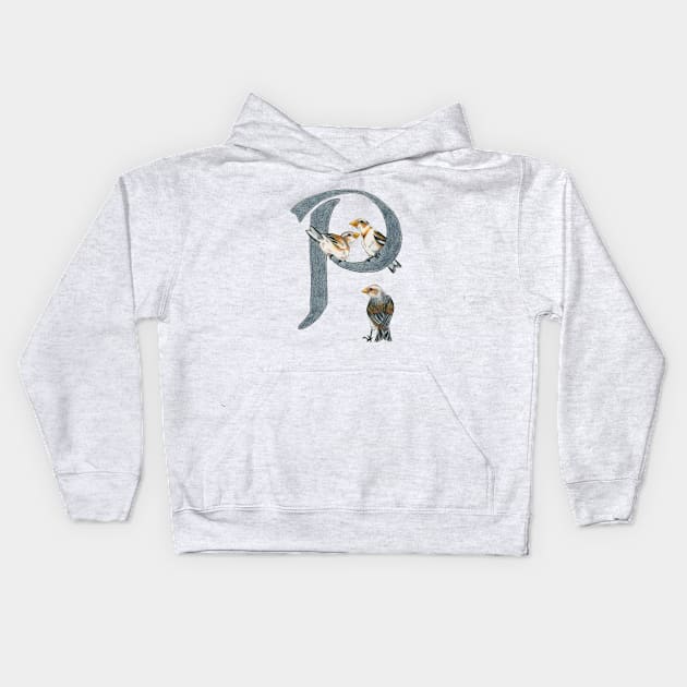 Avian Alphabet P - Snow bunting Kids Hoodie by hnewmanart